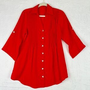 Fridaze Linen Pintuck Pleat Front Button Up Tunic Size Small Red Lagenlook